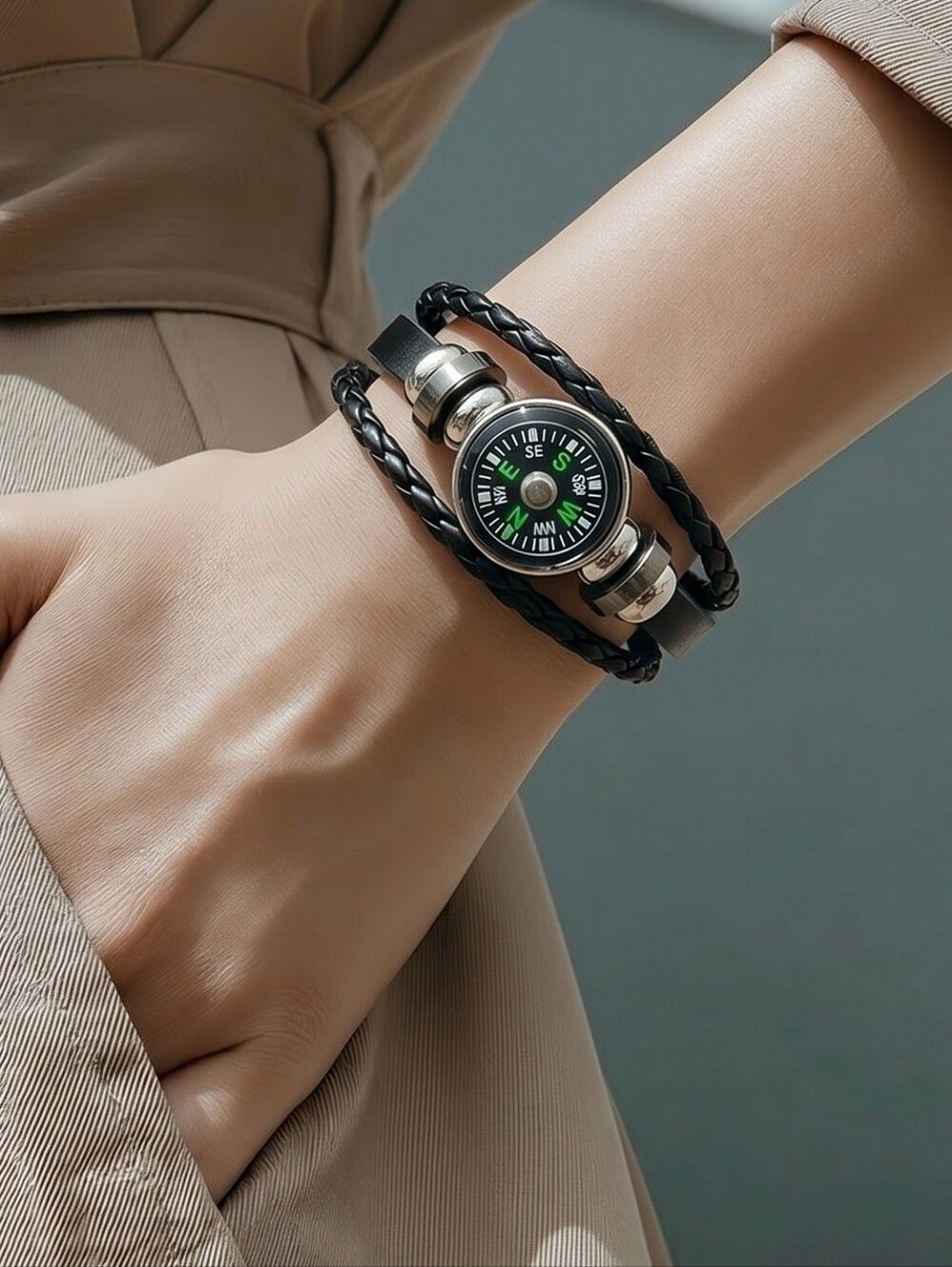 Compass Braided Faux Leather Bracelet Adjustable Black Outdoor Adventure Explore